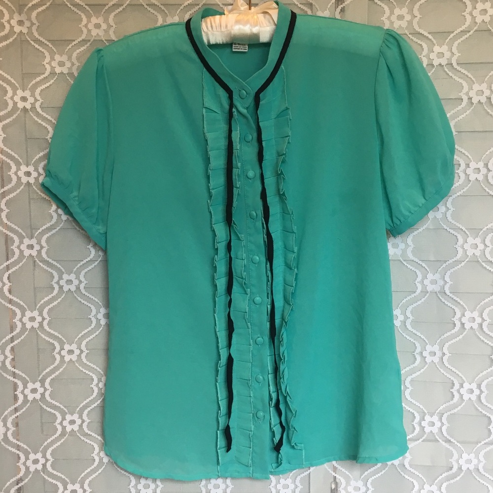 Turquoise Frilled Button Top - Picture 2 of 7